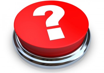 A round red question mark button on a white background